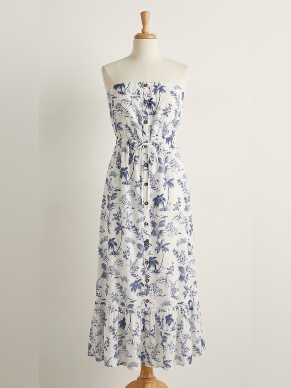 Lost + Wander White Maxi Dress with Blue Tropical Print NWT Size L